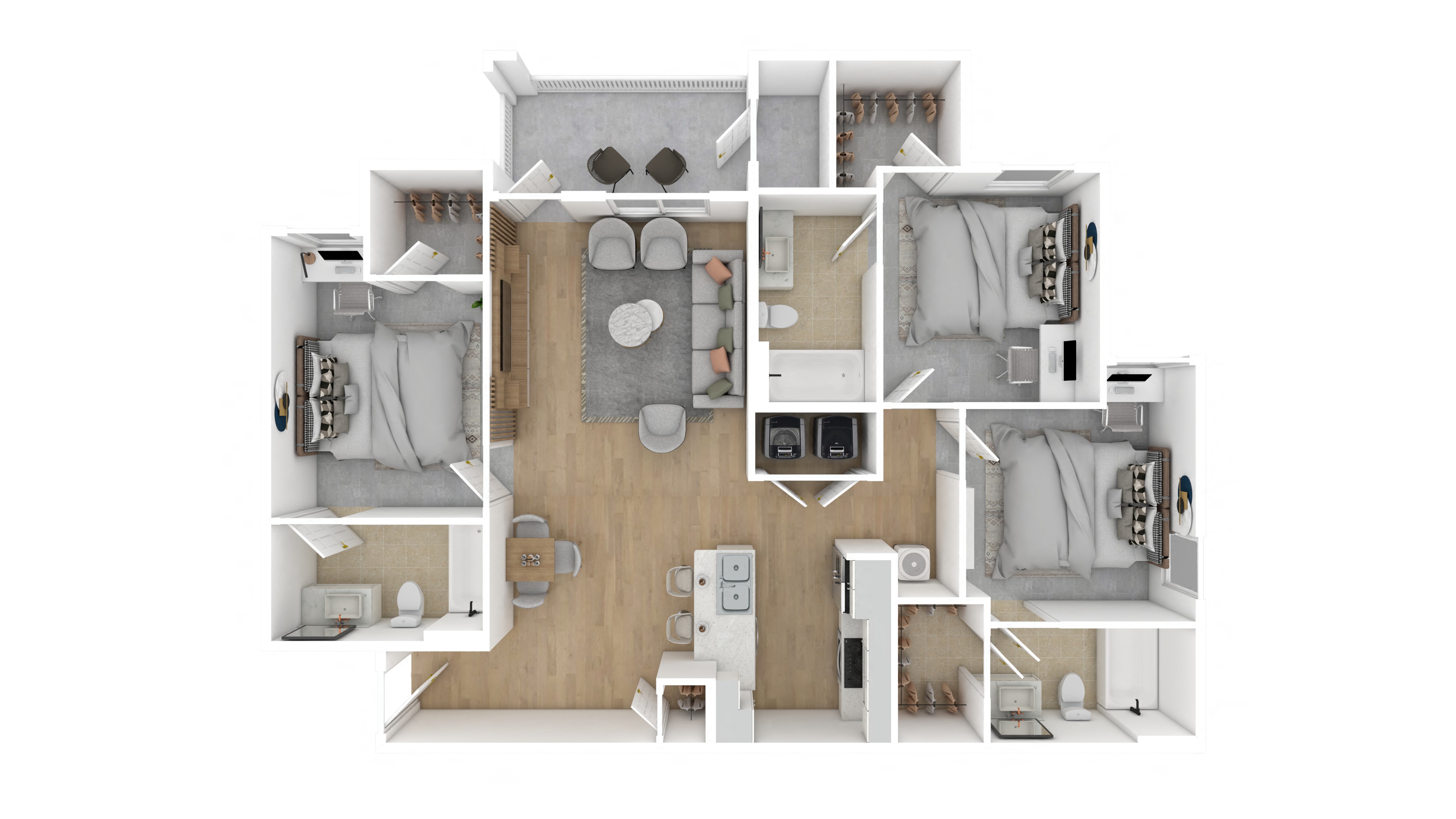 Floor plan for 3 beds, 3 baths, 1275 sqft